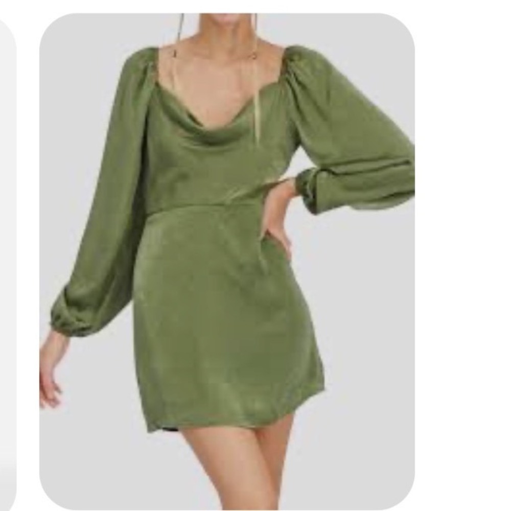 Forever 21 Olive Green Satin Cowl Neck Lantern Sleeve Mini Dress Size M